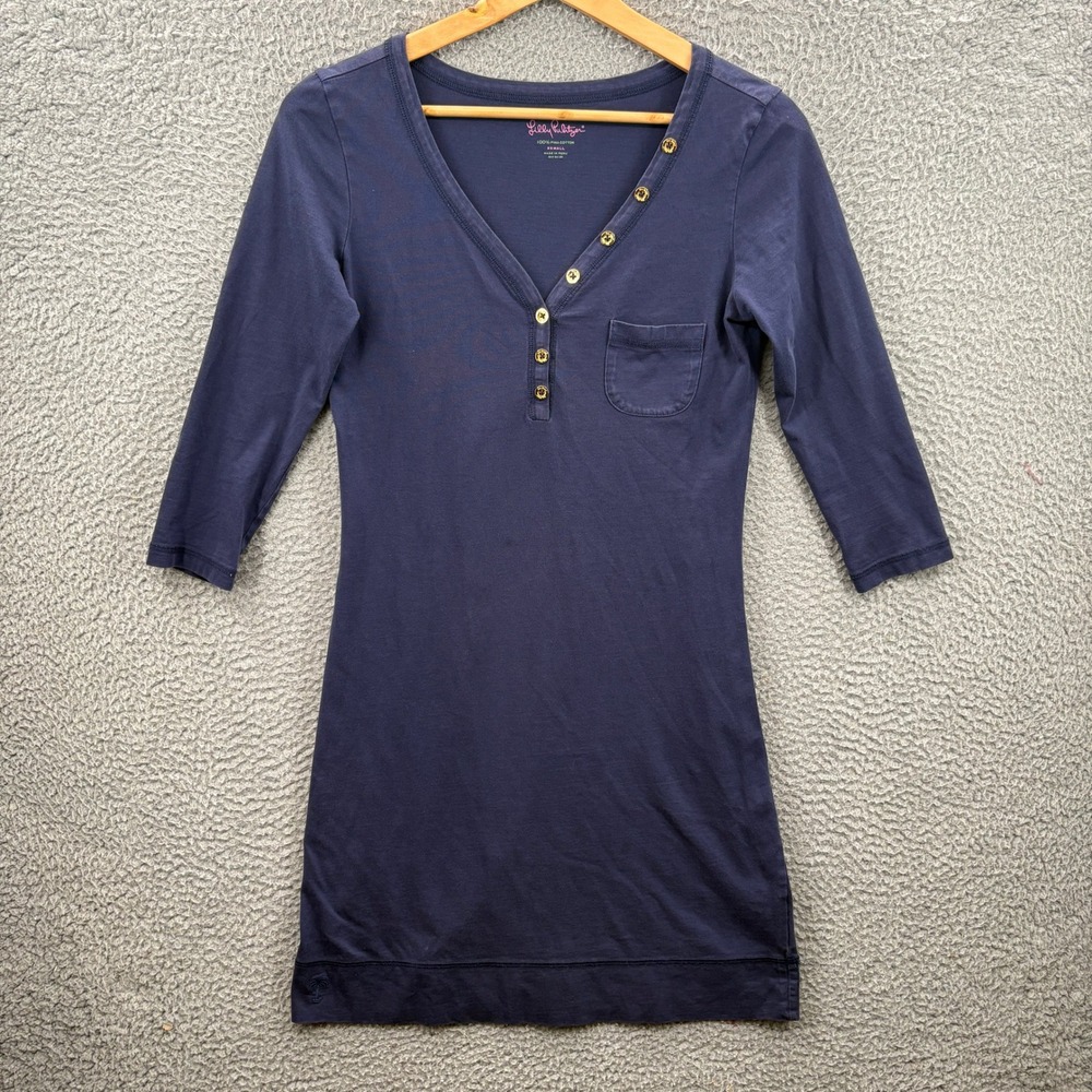 Lilly Pulitzer Henley Dress Women XS Blue Pima Cotton 3/4 Sleeve Pocket Preppy *